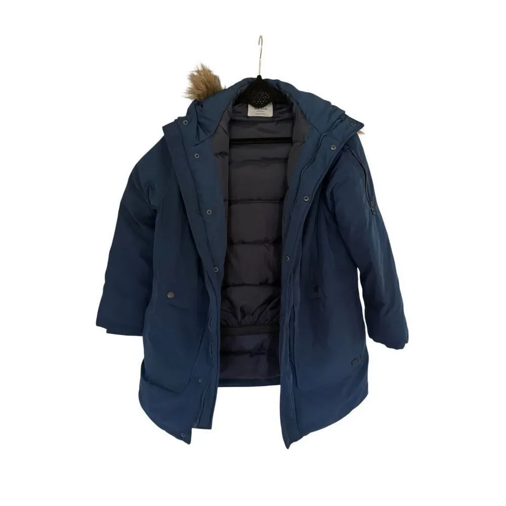 Zara Kids Navy Blue Faux Fur Trim Hooded Full Zip Down Parka Jacket Size 11/12